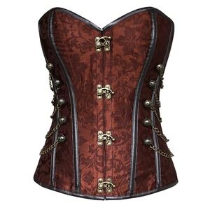 Charmian Women Steampunk Corset Brown Brocade Chain Detail Front Clasp Lace Up S